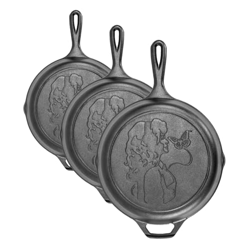 Image of Lodge 10.25 Inch Dolly Parton Pre-Seasoned Cast Iron Stamped Skillet - Signature Teardrop Handle - Use in the Oven, on the Stove, on the Grill, or Over a Campfire, Black (Pack of 3)