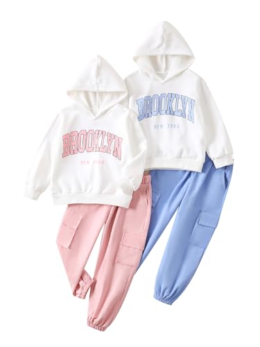 Girls' Sweatsuit Set 4 Piece Letter printed Hoodie and Cargo Pants Fall Winter Activewear Set 9-10Y