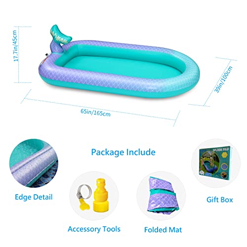 Sprinkler & Splash Pad For Kids, 65" Large Outdoor Sprinklers Play Mat Summer Water Play Toys Inflatable Mermaid Sprinkler Pad, Fun Play Pool For Toddlers Babies Over 3 Years Boys Girls #TOP1