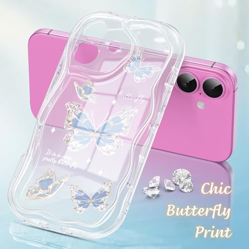 CASBST Compatible for iPhone 16 Case, Pretty Butterfly Print Three-Dimensional Wave Clear Case for Girls Women, Soft Full Package Anti-Fall Cover for iPhone 16, Water Blue Butterfly - image 2