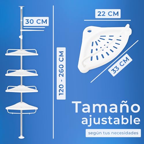 JUPPLIES Estanteria Telescopica de Baño de Altura Ajustable hasta 254cm - Esquinero Baño Ducha de Plástico y Metal sin Taladro - Organizador de Bañera, Lavabo con 4 Baldas (Blanco) - imagen 3