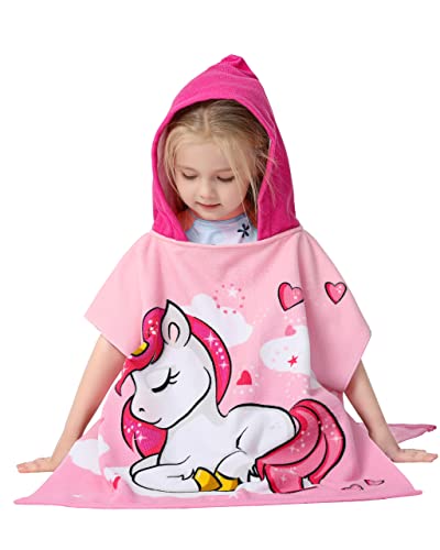 Image of Kids Hooded Poncho Towel for Girls, Toddlers Bath Beach Pool Swim Towels with Hood Cover-ups Swimwear (3D Unicorn with Bag)
