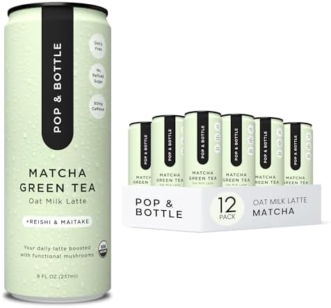 Pop & Bottle, Oat Milk Lattes - Matcha with Pure Ceremonial Matcha, Butterfly Pea, Turmeric, Green Tea, Organic, Dairy Free, Gluten Free, Lightly Sweetened with Coconut Nectar - 8 Fl Oz (12 Pack)
