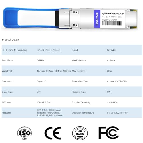 Image of 40G QSFP+ LR4 Optical Transceiver Module,Compatible with DELL Force10 GP-QSFP-40GE-1LR-20,40GBASE-LR4 QSFP+ 1310nm,CWDM4 20km LC DOM