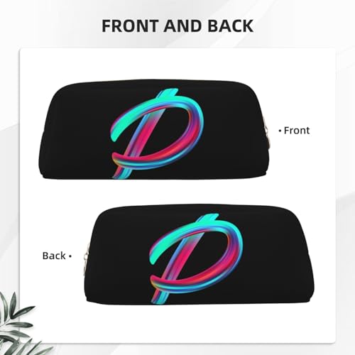 Image of Cute Initial Pencil Case for Kids Simple Leather Pencil Pouch for Boys Girls Letter Design Pencil Box Pen Bag Pencil Pouch Office Stationery Organizer, Rainbow Letter P