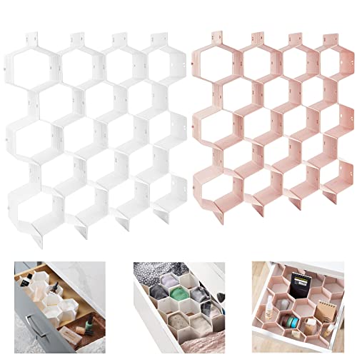 Honeycomb Drawer Organizer, KABB Honeycomb Dresser Drawer Organizer Dividers, 18 Slots Sock Organizer Underwear Drawer Organizer Adjustable Drawer Dividers for Clothes Underwear Ties Office Supplies (White+Pink)