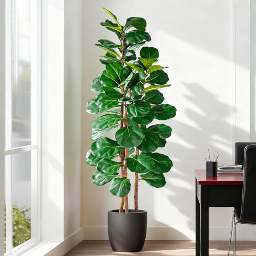 Image of Artificial Fiddle Leaf Fig Tree 5FT, Faux Fig Tree Indoor with Natural Wood Trunk & Realistic Leaves with Moss Pot Fake Ficus Tree Large Faux Floor Plant for Living Room Home Decor, House Plant