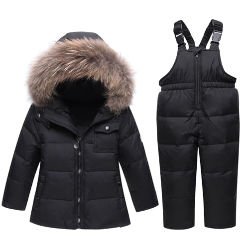 Toddler 3 Pockets Fuzzy Hooded Snow Suit for Girl Baby Winter 4t 5t Bib+Snowpant Black Coat Kid Boy Warm Snowsuit