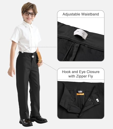 Image of QBK Boys Flat Front Dress Pants Uniform Pants Adjustable Waistband for Toddler to Youth with Pockets