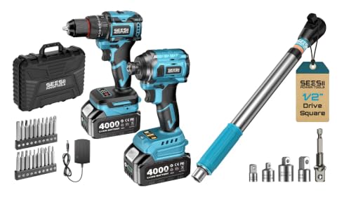 SEESII-21V-Drill-Impact-Driver-Combo-Offset-Ext-4-Adapters-24000mAh-Fast-Chg-20pcs-Bits-Bag-For-Tight-Spaces SEESII 21V Drill & Impact Driver Combo + Offset Ext & 4 Adapters. 2×4000mAh, Fast Chg, 20pcs Bits, Bag. For Tight Spaces. - Image 1