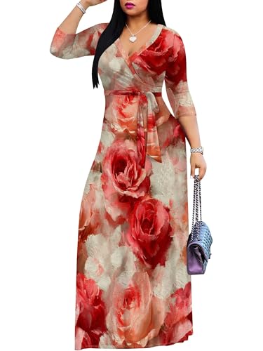 Image of PinkPatty Women's Long Sleeve Maxi Dress Plus Size Trendy Wedding Guest Wrap Dress with Pockets&Belt