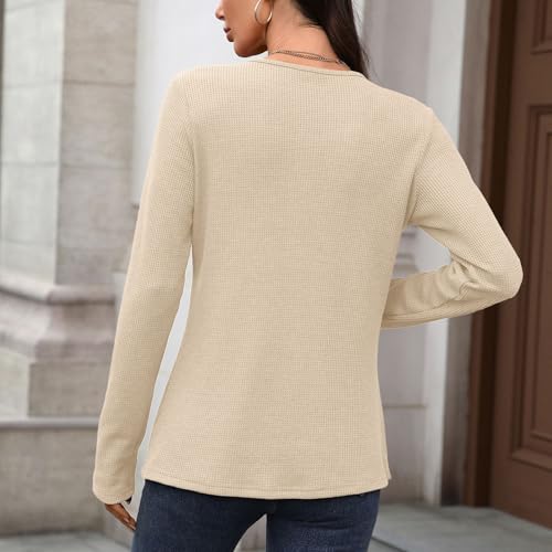 Women Waffle Knit Top Relaxed Fit Long Sleeves Henley Neck Button Front Soft Comfortable Casual Pullover3