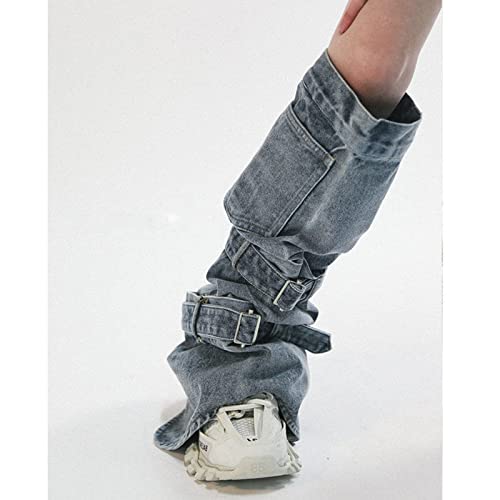 Womens Harajuku Punk Rock Denim Leg Warmer Socks Gothic Bandage Buckled Knee High Foot Cover Aesthetic Grunge Streetwear- M #TOP2