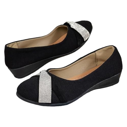 MAOAEAD Chaussures compensées légères et tendance avec strass pour femme - Noir - Confortables - Ballerines orthopédiques à enfiler pour femme -...