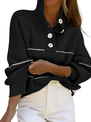 Women's Oversized Waffle Knitted Button Up Sweater Polo Collared Striped Jumper Sweater Tops2