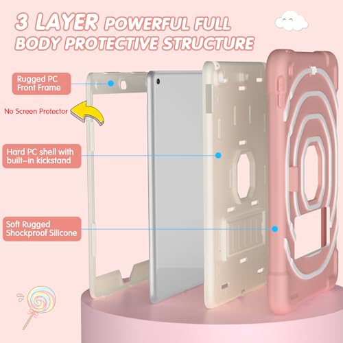 SIBEITU Kids Case for iPad 9th 8th 7th Generation (2021/2020/2019) with Pencil Holder & Kickstand, Slim Heavy Duty Rugged Shockproof Protective iPad 10.2 inch Case for Kids Girls Boys (Pink+White)