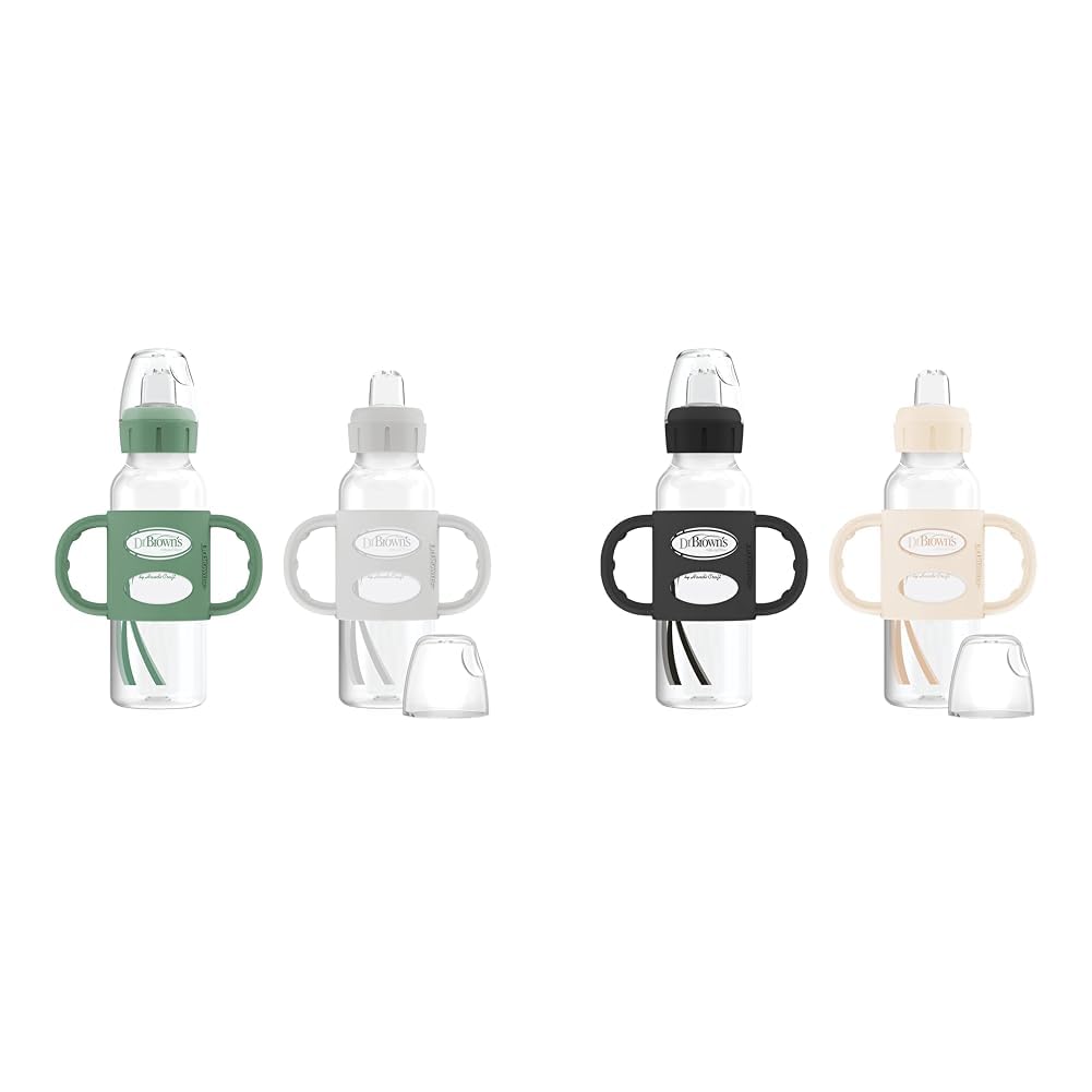 Dr. Brown's Milestones Narrow Sippy Spout Bottle with 100% Silicone, Easy-Grip Handles and Soft Sippy Spout, 8oz/250mL, Green and Gray + Black and Ecru, 4-Pack, 6m+