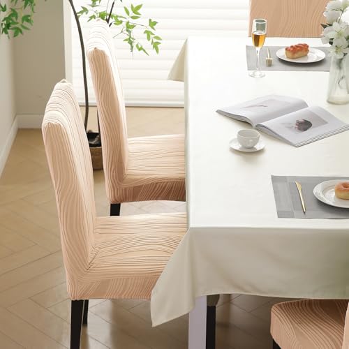 Image of HOKIPO 200 GSM Premium Knitting Jacquard Elastic Dining Table Chair Cover Set of 2, 'Nestiva Series' Blush Beige (AR-6072-BGE)