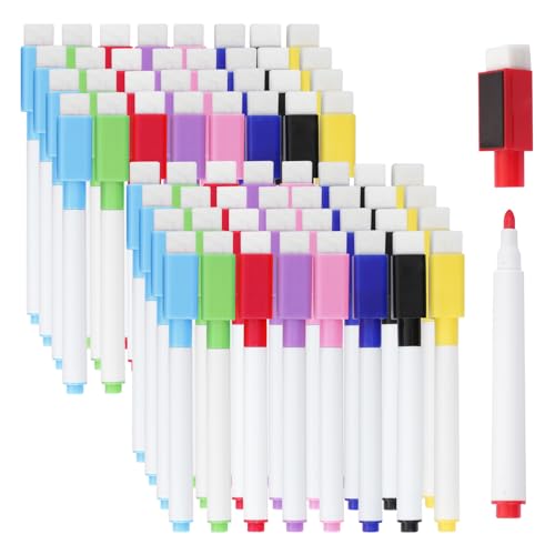 CUWELT 64pcs Magnetic Whiteboard Markers, 8 Colours Whiteboard Pens with Eraser, Fine Tip Magnetic Colorful Marker Pens White Board, Dry Erase Marker for Classroom, Office, Family Supplies