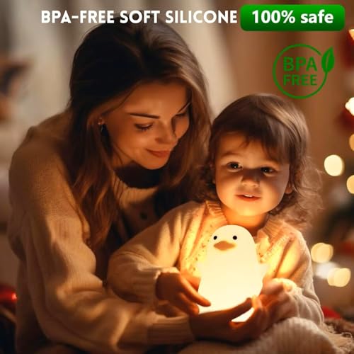 Image of HUMAIZAR Silicone LED Night Light for Kids, Soft Touch Animal Bedside Lamp for Bedroom & Nursery, Rechargeable Cute Night Lamp (Sitting Duck)