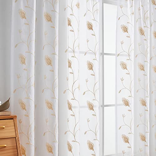 Image of Floral Embroidery Beige Sheer Curtains 84 Inches Long, Rod Pocket Sheer Drapes for Living room, Bedroom, 2 Panels, 52 inchx 84 inch, Semi Crinkle Voile Window Treatments for Yard, Patio, Villa, Parlor.
