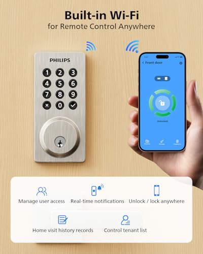 Philips WiFi Smart Keypad Deadbolt Lock, App Remote Control, No Hub Required, Support Alexa & Google Assistant, Keyless Entry Door Lock with Auto Lock, Digital Smart Locks for Front Door, Satin Nickel thumbnail 2