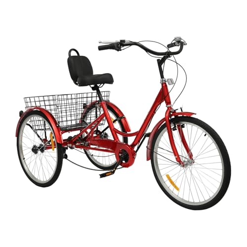 Triciclo para adultos, 24 pulgadas, 7 velocidades, 3 ruedas, para personas mayores, con cesta, respaldo, bicicleta cruiser de tres ruedas, para recreación, pícnics, actividades al aire libre, triciclo