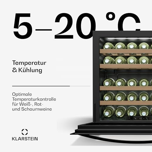 Klarstein Vinsider 30 Built-In Uno Einbau-Weinkühlschrank - 30 Flaschen, 1 Zone, 5-20 °C, LED-Beleuchtung, UV-Schutz, Holzregale, Leise, Energieeffizient, Schwarz, Glastür