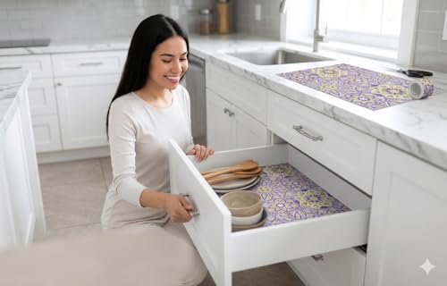 Image of Dribble EVA Shelf Liner Mat 45x500cm Roll, Non Slip Drawer & Cabinet Liner for Kitchen, Waterproof Oilproof Washable Fridge Mat, Anti Skid Cupboard Wardrobe Multipurpose Mat (Purple /Yellow)