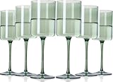 TrophyToast Green Square Wine Glasses Set of 6 - Hand Blown, Colorful With Tall Long Stems, Modern Set for All Occasions - 14oz