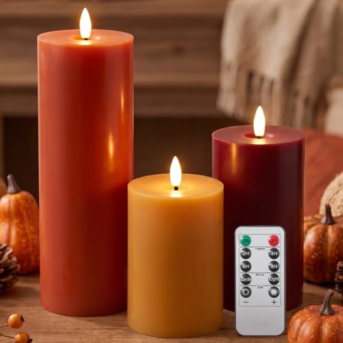 Image of Retisee 3 Pcs 6 /8 /12 Inches Flameless LED Candles with Remote and 2 /4 /8h Timer Wine Red Orange Yellow Battery Operated Wax Flickering Candles for Fall Parties Autumn Thanksgiving Harvest Festival