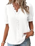 JUSTFASHIONNOW Women's Elegant Lace V Neck Short Sleeve Solid Tops Shirt Blouse White M