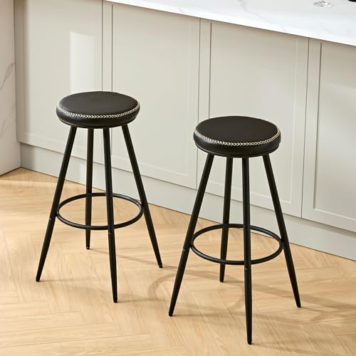 Image of FIRAVOE Bar Stools Set of 2, Swivel Backless 28 inch Counter Height Bar Stools for Kitchen Island, Faux Leather Counter Stools (Black, 2 PCS 28'' Height)