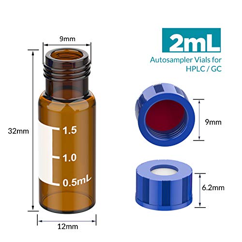 Membrane Solutions Autosampler Vials, 2Ml Hplc Vials, 9-425 Lab Amber Vials With Write-On Spot And Graduations, 9Mm Blue Abs Screw Caps & Septa For Gc Sample Vials, 100 Pcs #TOP1