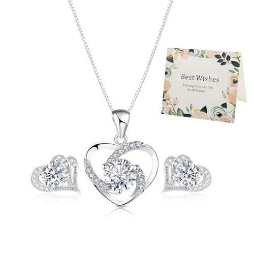 Henjunu Coffret Eternelle de Roses, Collier + Boucles d'oreilles en Argent Sterling 925 avec Rose Eternelle Rouge et Cœur, Cadeau de Saint-Valentin pour Femmes