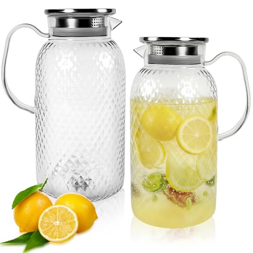 Seuqhck 2 Pack Plastic Pitcher with Lid and Handle, 1.8L Clear Water Jug, BPA-Free Ice Tea Pitchers for Lemonade, Milk, Juice, Home, Office