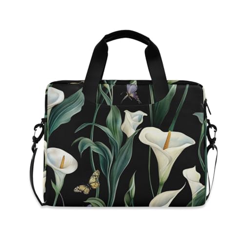 Sacoche ordinateur portable 39,6 cm fleurie noir, housse de transport zippée avec poignée