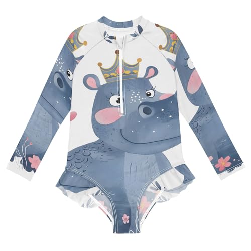 Princess Hippo with Leaf Girls Long Sleeve Swimsuit Rash Guard One Piece Bathing Suits Zipper 3-12T