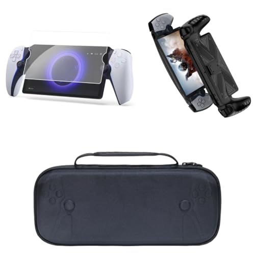 3 In 1 Set Compatible with PS5 Portal Accessories, For PS5 Portal Console EVA Travel Carrying Case, 9H Hardness Tempered Glass Screen and Silicone Soft Grip Cover Case Protector