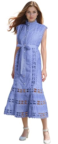 Image of LAI MENG FIVE CATS Women's Sleeveless Hollow Out Lace Button Up Casual Midi Party Dress with Belt