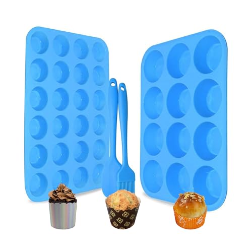 2Pack muffinform silikon,12 Cavity silikon backform + 24 Cavity mini muffins backform BPA-freie Antihaft-sichere Muffin Backform Pfanne für Cupcake Biscuit Bagels Muffins (Blau[12+24])