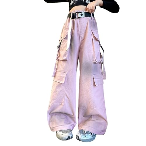 Girls Cargo Trousers Elastic High Waist Straight Wide Leg Streetwear Pants with Multi Pockets Fashion Gradient Jeans