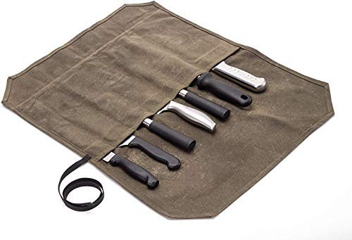 Waxed Canvas Chef Knife Roll Bag Heavy Duty Knife Roll Case Storage Knife Cutlery Carrier Kitchen Knife Holder Chef Roll Pouch with 6 Slots Wrapping Strap Best Gift For Cooking Travel Khaki