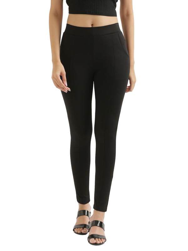 Image of SAADAA Women's Regular Fit High Rise 4-Way Stretchable Pants Yoga, Formal, and Regular Skinny High Waist Leggings 2 Deep Pockets Elastic Waistband Durable Interlock Stitching