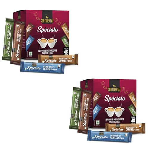Image of Continental Speciale Assorted Coffee Sachets - 192gm | Pack of 96 | Flavour Instant Coffee Powder | 2g Each - Hazelnut, Vanilla, Mocha, Caramel | Makes 96 Cups | Enjoy Hot or Cold