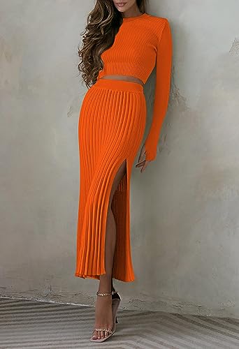Duigluw Women 2 Piece Outfits – Cozy Orange Long Sleeve Crop Top and Pleated Skirt Set for Stylish Winter Looks in Large - Image 3