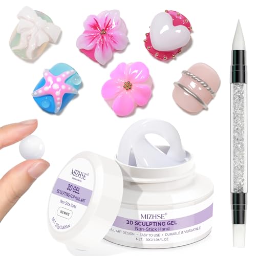 MIZHSE 30G Bianco 3D Scultura Nail Gel, 3D Gel Nail Art per Modellazione, Scultura Unghie Glue Non Stick Mano, Rhinestone Glue per Nail Art con Pennello in Silicone, Strumento per Manicure fai da