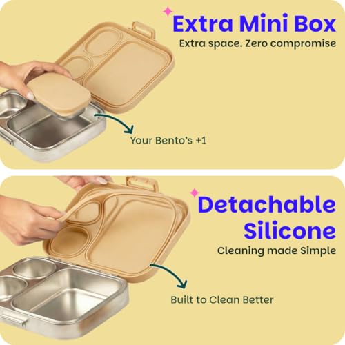 Image of Basil Bento Box Quad Plus -3+1 Compartment Stainless Steel Lunch Box (1020ml) with BPA-Free Lid | Leak-Proof Tiffin for Kids & Adults | Premium Lunch Box for School, Office & Picnic -Himachali Guldaan