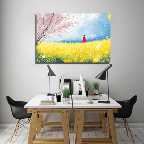 Art mural paysage printanier et fleurs de cerisier sur toile murale encadrée UIRINGART 40x60cm
