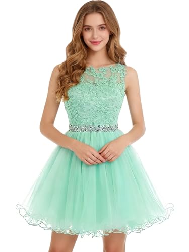 Image of Dydsz Women's Lace Applique Short Prom Dress A Line Tulle Homecoming Dresses Beaded Mini Graduation Party Dress